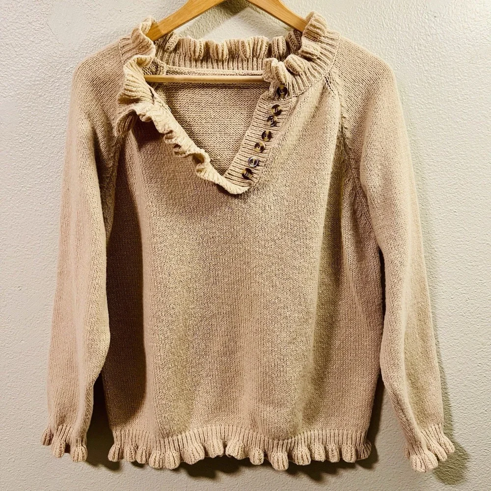 Ruffle Sweater Brown Quarter Button Up Details Cozy Cabin‎ Warm Women's Sz L